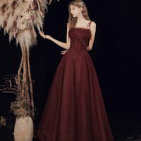 Burgundy tulle beads long prom dress evening dress - Thumbnail 1