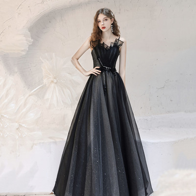 Black tulle long prom dress a line evening dress - Thumbnail 4