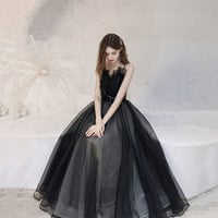 Black tulle long prom dress A line evening dress - Thumbnail 1