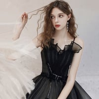 Black tulle long prom dress A line evening dress - Thumbnail 2