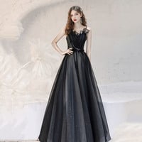 Black tulle long prom dress A line evening dress - Thumbnail 4