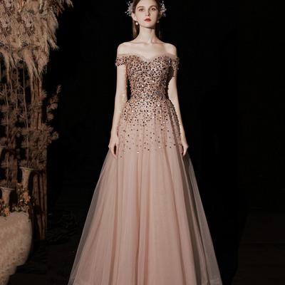 Shiny tulle sequins long prom dress a line evening gown - Thumbnail 4