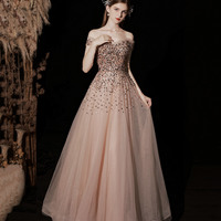 Shiny tulle sequins long prom dress A line evening gown - Thumbnail 1