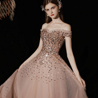 Shiny tulle sequins long prom dress A line evening gown - Thumbnail 3