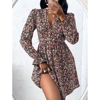 Women's Fashion V-Neck Floral Print Dress - Thumbnail 4