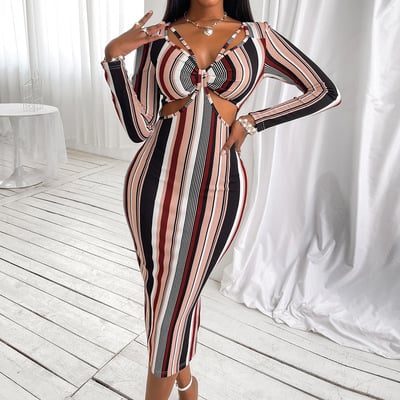 V-neck striped print high waist long sleeve dress