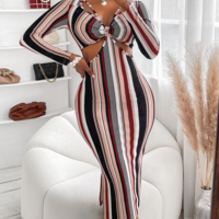 V-Neck Striped Print High Waist Long Sleeve Dress - Thumbnail 2