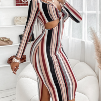 V-Neck Striped Print High Waist Long Sleeve Dress - Thumbnail 3