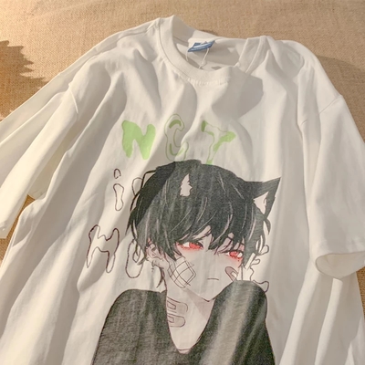 Cute Anime Boy Cat Ears Cartoon Graphic Print Oversize Short Sleeve Shirt Summer Aesthetic Casual E-Girl Kawaii Korean Japanese Harajuku
