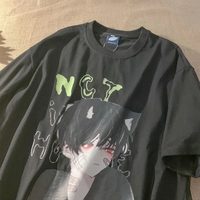 Cute Anime Boy Cat Ears Cartoon Graphic Print Oversize Short Sleeve Shirt Summer Aesthetic Casual E-Girl Kawaii Korean Japanese Harajuku - Thumbnail 1