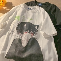 Cute Anime Boy Cat Ears Cartoon Graphic Print Oversize Short Sleeve Shirt Summer Aesthetic Casual E-Girl Kawaii Korean Japanese Harajuku - Thumbnail 2
