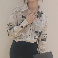 Cute Vintage Newspaper Letter Print Button Up Long Sleeve Shirt Blouse Top Aesthetic Casual E-Girl Kawaii Korean Japanese Harajuku - Thumbnail 3