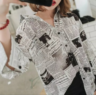Cute Vintage Newspaper Letter Print Button Up Long Sleeve Shirt Blouse Top Aesthetic Casual E-Girl Kawaii Korean Japanese Harajuku