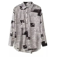 Cute Vintage Newspaper Letter Print Button Up Long Sleeve Shirt Blouse Top Aesthetic Casual E-Girl Kawaii Korean Japanese Harajuku - Thumbnail 2