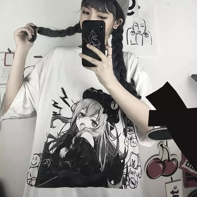 Cute white anime girl graphic print loose short sleeve shirt goth punk aesthetic casual e-girl kawaii korean japanese harajuku - Thumbnail 4