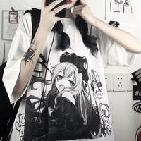 Cute White Anime Girl Graphic Print Loose Short Sleeve Shirt Goth Punk Aesthetic Casual E-Girl Kawaii Korean Japanese Harajuku - Thumbnail 1