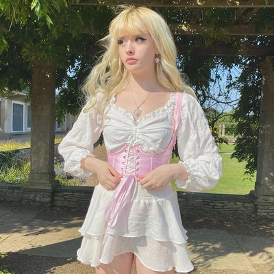 Cute 2pcs sweet pink corset vintage bustier mini dress set square collar puss sleeve aesthetic e-girl kawaii korean japanese harajuku - Thumbnail 5