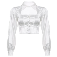 Cute White Silk Hollow Out Collar Cropped Top Long Sleeve Shirt Blouse Elegant Aesthetic Casual E-Girl Kawaii Korean Japanese Harajuku - Thumbnail 4
