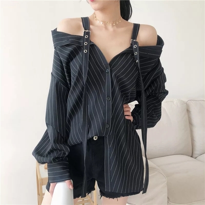 Cute black vertical stripe buckle off shoulder long sleeve shirt blouse aesthetic casual e-girl kawaii korean japanese harajuku - Thumbnail 4