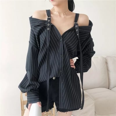 Cute Black Vertical Stripe Buckle Off Shoulder Long Sleeve Shirt Blouse Aesthetic Casual E-Girl Kawaii Korean Japanese Harajuku