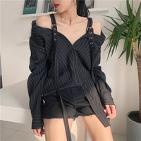 Cute Black Vertical Stripe Buckle Off Shoulder Long Sleeve Shirt Blouse Aesthetic Casual E-Girl Kawaii Korean Japanese Harajuku - Thumbnail 2