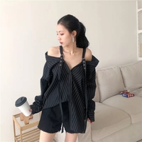Cute Black Vertical Stripe Buckle Off Shoulder Long Sleeve Shirt Blouse Aesthetic Casual E-Girl Kawaii Korean Japanese Harajuku - Thumbnail 3