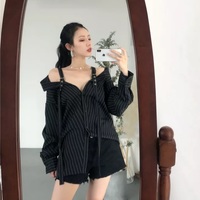 Cute Black Vertical Stripe Buckle Off Shoulder Long Sleeve Shirt Blouse Aesthetic Casual E-Girl Kawaii Korean Japanese Harajuku - Thumbnail 6