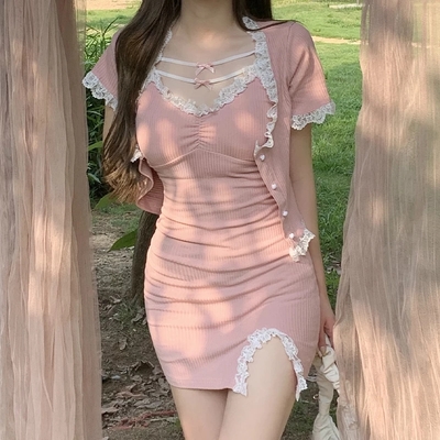 Cute sweet sexy 2pcs lace trim split dress set + short sleeve cardigan crop top aesthetic casual e-girl kawaii korean japanese harajuku - Thumbnail 5