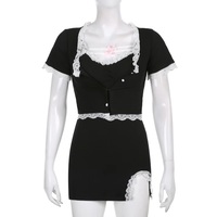 Cute Sweet Sexy 2pcs Lace Trim Split Dress Set + Short Sleeve Cardigan Crop Top Aesthetic Casual E-Girl Kawaii Korean Japanese Harajuku - Thumbnail 6