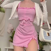 Cute Sweet Sexy Pink Slash Sleeveless Ruffles Sheath Tank Mini Bodycon Dress Aesthetic Casual E-Girl Kawaii Korean Japanese Harajuku - Thumbnail 2