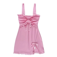 Cute Sweet Sexy Pink Slash Sleeveless Ruffles Sheath Tank Mini Bodycon Dress Aesthetic Casual E-Girl Kawaii Korean Japanese Harajuku - Thumbnail 5