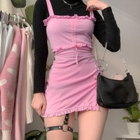 Cute Sweet Sexy Pink Slash Sleeveless Ruffles Sheath Tank Mini Bodycon Dress Aesthetic Casual E-Girl Kawaii Korean Japanese Harajuku - Thumbnail 3