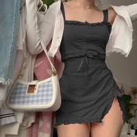 Cute Sweet Sexy Pink Slash Sleeveless Ruffles Sheath Tank Mini Bodycon Dress Aesthetic Casual E-Girl Kawaii Korean Japanese Harajuku - Thumbnail 8