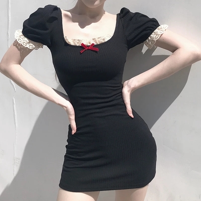 Cute Summer Square Neck Lace Patchwork Elegant Bodycon Short Sleeve Mini Dress Aesthetic Casual E-Girl Kawaii Korean Japanese Harajuku