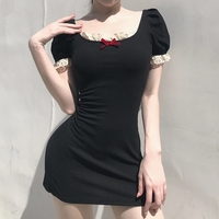 Cute Summer Square Neck Lace Patchwork Elegant Bodycon Short Sleeve Mini Dress Aesthetic Casual E-Girl Kawaii Korean Japanese Harajuku - Thumbnail 1