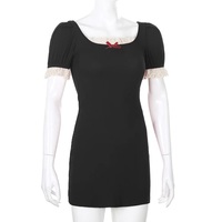 Cute Summer Square Neck Lace Patchwork Elegant Bodycon Short Sleeve Mini Dress Aesthetic Casual E-Girl Kawaii Korean Japanese Harajuku - Thumbnail 2