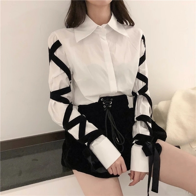 Cute white shirt black bandage ribbon tie up turn down collar long sleeve shirt blouse aesthetic casual e-girl kawaii korean japanese harajuku - Thumbnail 5