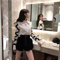 Cute White Shirt Black Bandage Ribbon Tie Up Turn Down Collar Long Sleeve Shirt Blouse Aesthetic Casual E-Girl Kawaii Korean Japanese Harajuku - Thumbnail 3