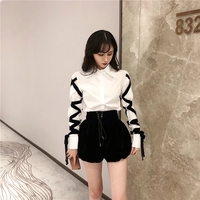 Cute White Shirt Black Bandage Ribbon Tie Up Turn Down Collar Long Sleeve Shirt Blouse Aesthetic Casual E-Girl Kawaii Korean Japanese Harajuku - Thumbnail 5