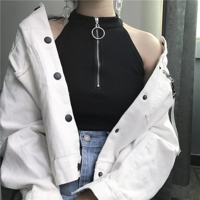 Cute black white sexy knit zipper sleeveless shirt crop top tank camisole aesthetic casual e-girl kawaii korean japanese harajuku - Thumbnail 4