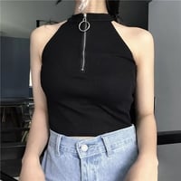 Cute Black White Sexy Knit Zipper Sleeveless Shirt Crop Top Tank Camisole Aesthetic Casual E-Girl Kawaii Korean Japanese Harajuku - Thumbnail 1