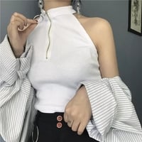 Cute Black White Sexy Knit Zipper Sleeveless Shirt Crop Top Tank Camisole Aesthetic Casual E-Girl Kawaii Korean Japanese Harajuku - Thumbnail 4