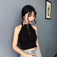 Cute Black White Sexy Knit Zipper Sleeveless Shirt Crop Top Tank Camisole Aesthetic Casual E-Girl Kawaii Korean Japanese Harajuku - Thumbnail 2