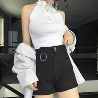 Cute Black White Sexy Knit Zipper Sleeveless Shirt Crop Top Tank Camisole Aesthetic Casual E-Girl Kawaii Korean Japanese Harajuku - Thumbnail 7