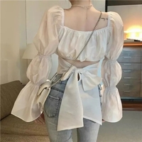 Cute Pink Back Puff Sleeve French Bow Bandage Long Sleeve Shirt Blouse Crop Top Square Neck Aesthetic Casual E-Girl Kawaii Korean Japanese Harajuku - Thumbnail 3