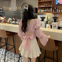 Cute Pink Back Puff Sleeve French Bow Bandage Long Sleeve Shirt Blouse Crop Top Square Neck Aesthetic Casual E-Girl Kawaii Korean Japanese Harajuku - Thumbnail 1