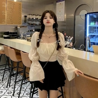 Cute Pink Back Puff Sleeve French Bow Bandage Long Sleeve Shirt Blouse Crop Top Square Neck Aesthetic Casual E-Girl Kawaii Korean Japanese Harajuku - Thumbnail 5