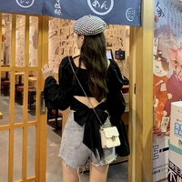 Cute Pink Back Puff Sleeve French Bow Bandage Long Sleeve Shirt Blouse Crop Top Square Neck Aesthetic Casual E-Girl Kawaii Korean Japanese Harajuku - Thumbnail 6