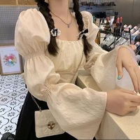 Cute Pink Back Puff Sleeve French Bow Bandage Long Sleeve Shirt Blouse Crop Top Square Neck Aesthetic Casual E-Girl Kawaii Korean Japanese Harajuku - Thumbnail 4