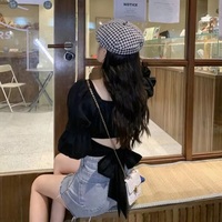 Cute Pink Back Puff Sleeve French Bow Bandage Long Sleeve Shirt Blouse Crop Top Square Neck Aesthetic Casual E-Girl Kawaii Korean Japanese Harajuku - Thumbnail 8